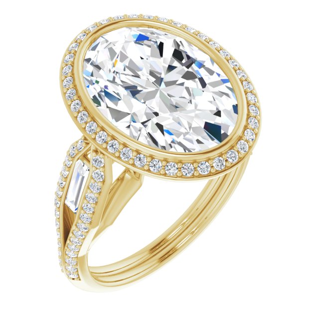 10K Yellow Gold Customizable Cathedral-Bezel Oval Cut Design with Halo, Split-Pavé Band & Channel Baguettes