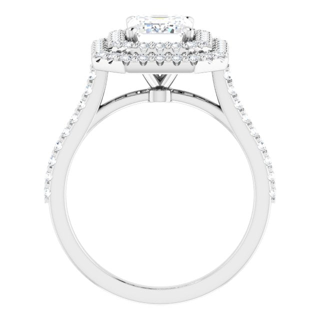 Cubic Zirconia Engagement Ring- The Danielle (Customizable Double-Halo Emerald Cut Design with Accented Split Band)