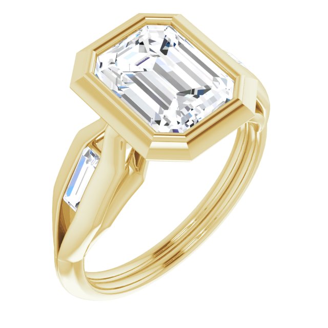 10K Yellow Gold Customizable Bezel-set Emerald/Radiant Cut Design with Wide Split Band & Tension-Channel Baguette Accents
