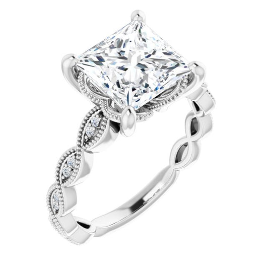 10K White Gold Customizable Princess/Square Cut Artisan Design with Scalloped, Round-Accented Band and Milgrain Detail