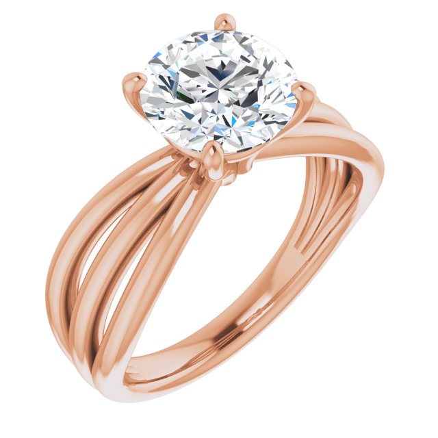 14K Rose Gold Customizable Round Cut Solitaire Design with Wide, Ribboned Split-band