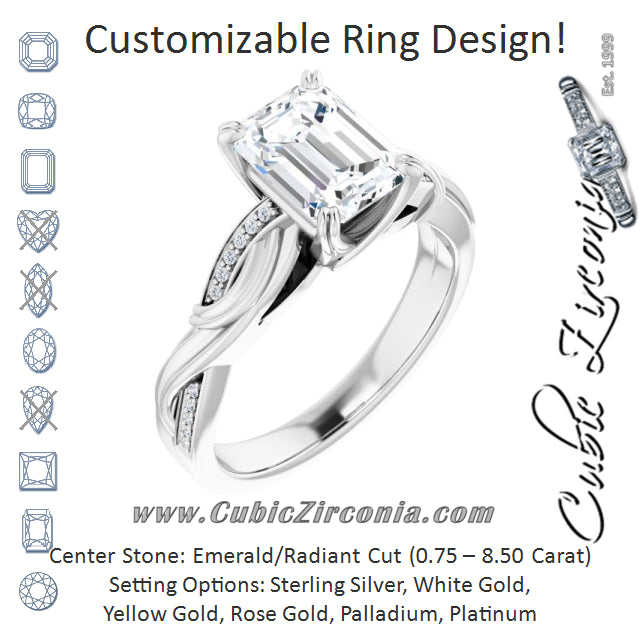 Cubic Zirconia Engagement Ring- The Fabiola (Customizable Cathedral-raised Emerald Cut Design featuring Rope-Braided Half-Pavé Band)