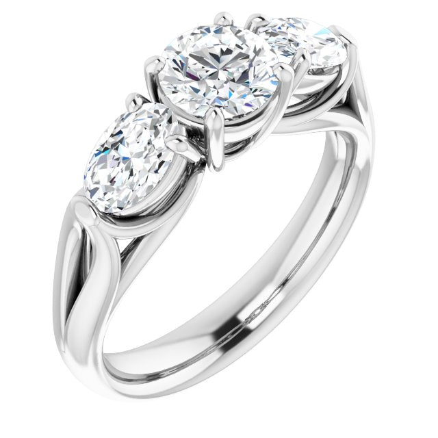 10K White Gold Customizable Cathedral-set 3-stone Round Cut Style with Dual Oval Cut Accents & Wide Split Band