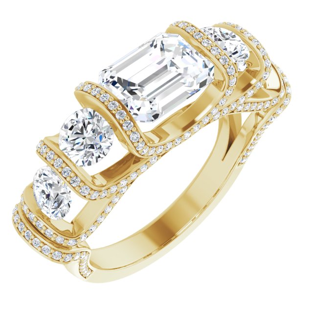 Cubic Zirconia Engagement Ring- The Nairobi (Customizable Bar-set Emerald Cut 5-stone Design Plus Grandiose Pavé Accents)