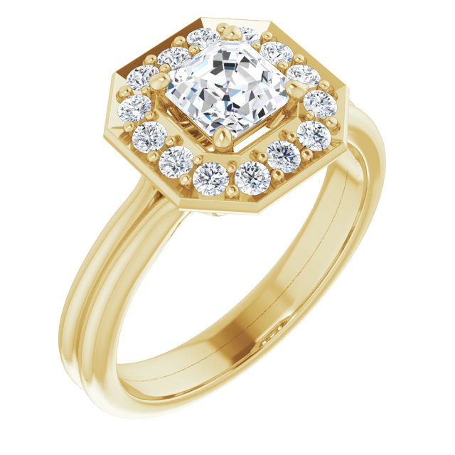 10K Yellow Gold Customizable Cluster-Halo Accented Asscher Cut Style with Tapered Dual Band
