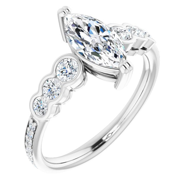 10K White Gold Customizable Marquise Cut 7-stone Style Enhanced with Bezel Accents and Shared Prong Band