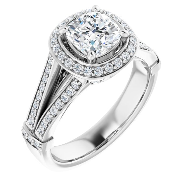 10K White Gold Customizable Cushion Cut Setting with Halo, Under-Halo Trellis Accents and Accented Split Band