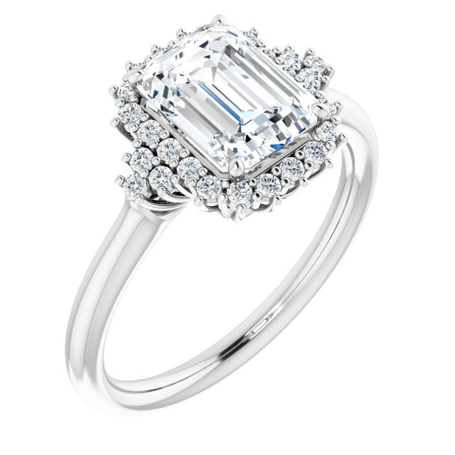 Cubic Zirconia Engagement Ring- The Winter (Customizable Emerald Cut Cathedral-Halo Design with Tri-Cluster Round Accents)