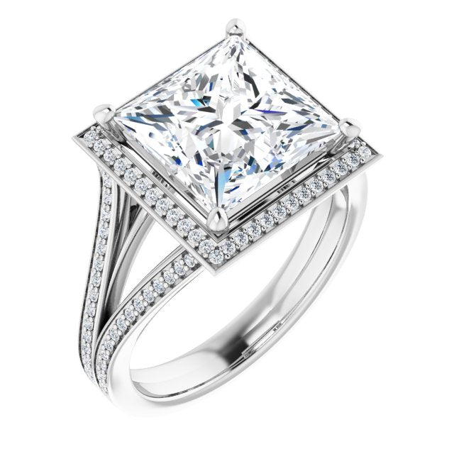 10K White Gold Customizable Princess/Square Cut Design with Split-Band Shared Prong & Halo
