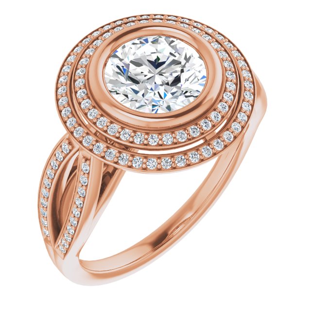10K Rose Gold Customizable Bezel-set Round Cut Style with Double Halo and Split Shared Prong Band