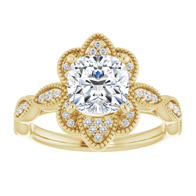 Cubic Zirconia Engagement Ring- The Huá (Customizable Cathedral-style Cushion Cut Design with Floral Segmented Halo & Milgrain+Accents Band)