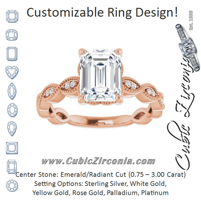 Cubic Zirconia Engagement Ring- The Shanice (Customizable Radiant Cut Artisan Design with Scalloped, Round-Accented Band and Milgrain Detail)