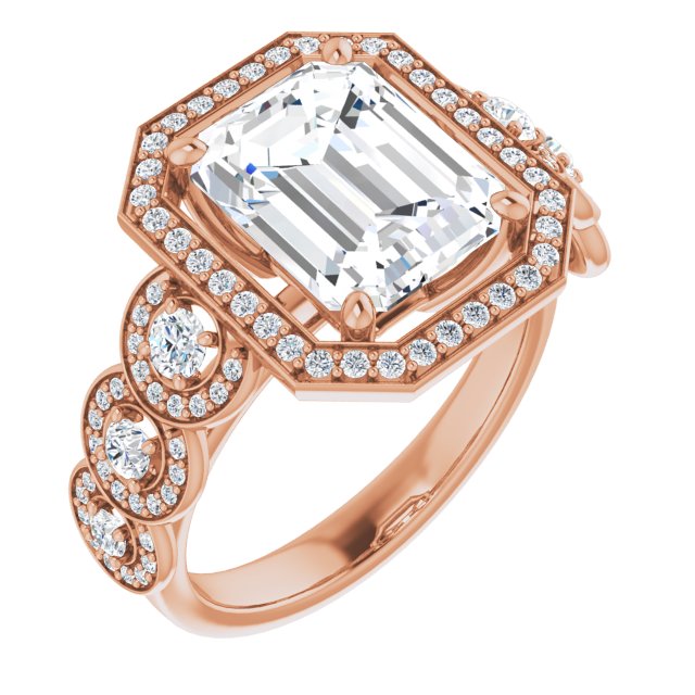 10K Rose Gold Customizable Cathedral-set Emerald/Radiant Cut 7-stone style Enhanced with 7 Halos