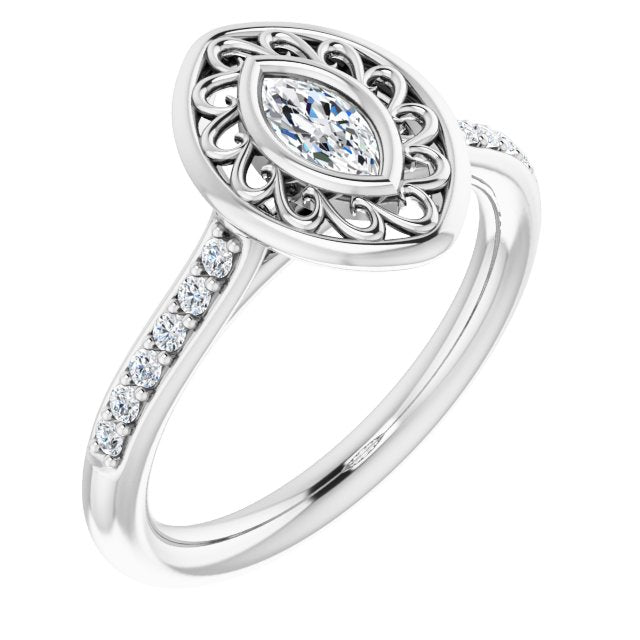 10K White Gold Customizable Cathedral-Bezel Marquise Cut Design with Floral Filigree and Thin Shared Prong Band