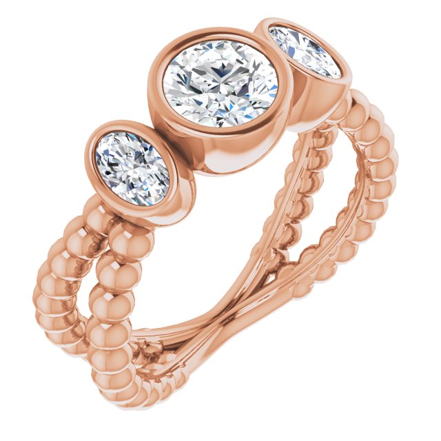 10K Rose Gold Customizable 3-stone Round Cut Design with 2 Oval Cut Side Stones and Wide, Bubble-Bead Split-Band