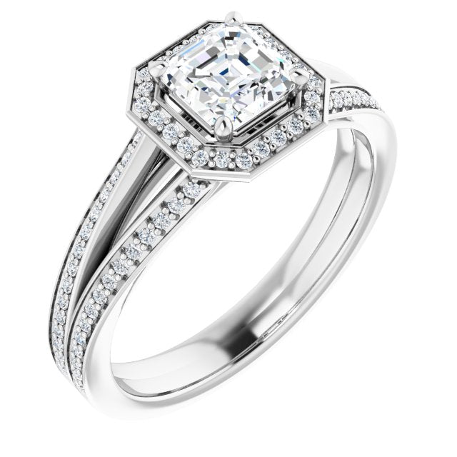 10K White Gold Customizable Asscher Cut Design with Split-Band Shared Prong & Halo
