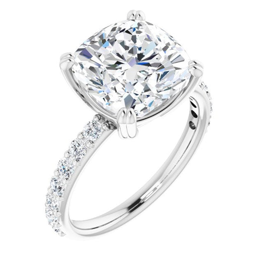 10K White Gold Customizable Cushion Cut Design with Large Round Cut 3/4 Band Accents