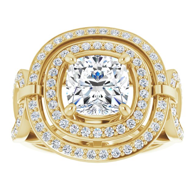 Cubic Zirconia Engagement Ring- The Daksha (Customizable Cathedral-set Cushion Cut Design with Double Halo & Accented Ultra-wide Horseshoe-inspired Split Band)