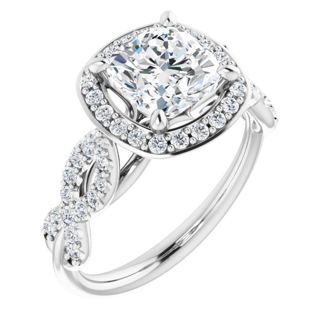 Cubic Zirconia Engagement Ring- The Jakayla (Customizable Cathedral-Halo Cushion Cut Design with Artisan Infinity-inspired Twisting Pavé Band)