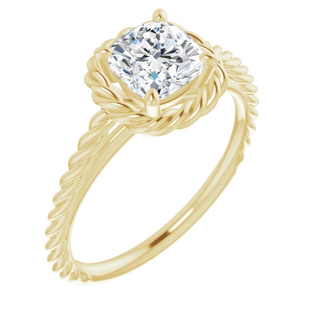10K Yellow Gold Customizable Cathedral-set Cushion Cut Solitaire with Thin Rope-Twist Band