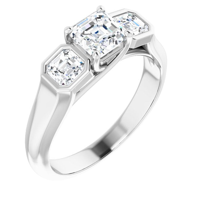 10K White Gold Customizable 3-stone Cathedral Asscher Cut Design with Twin Asscher Cut Side Stones
