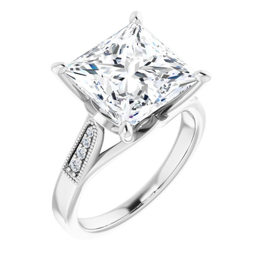 10K White Gold Customizable 9-stone Vintage Design with Princess/Square Cut Center and Round Band Accents