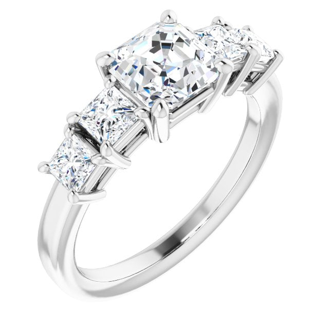 10K White Gold Customizable 5-stone Asscher Cut Style with Quad Princess-Cut Accents