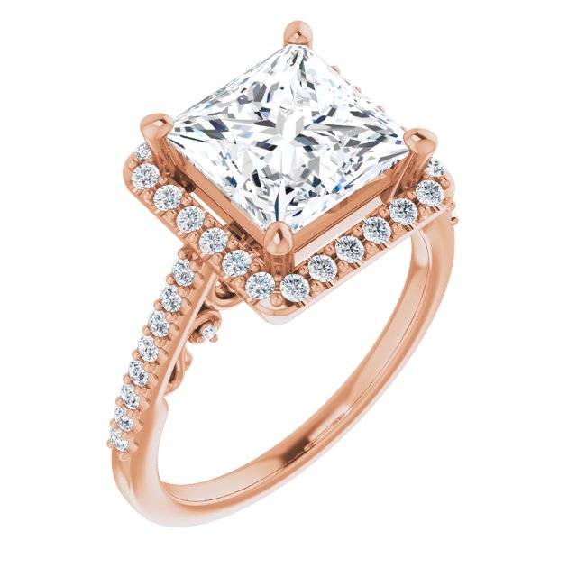 10K Rose Gold Customizable Cathedral-Halo Princess/Square Cut Design with Carved Metal Accent plus Pavé Band