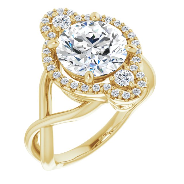 18K Yellow Gold Customizable Vertical 3-stone Round Cut Design Enhanced with Multi-Halo Accents and Twisted Band