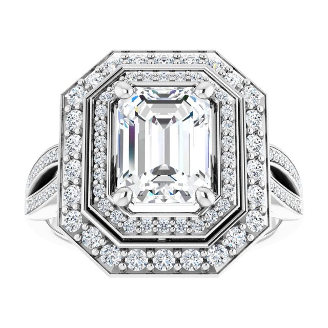Cubic Zirconia Engagement Ring- The Henrika (Customizable Cathedral-style Emerald Cut Design with Double Halo & Split-Pavé Band)