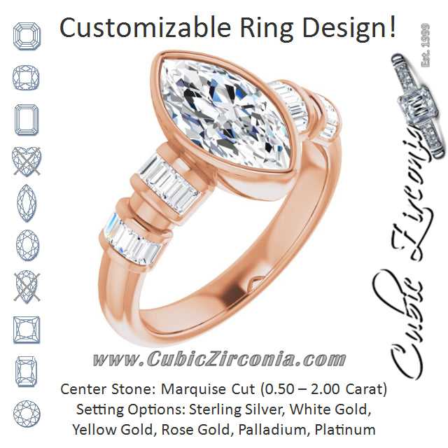 Cubic Zirconia Engagement Ring- The Astrid (Customizable Bezel-set Marquise Cut Design with Quad Horizontal Band Sleeves of Baguette Accents)