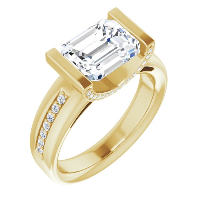 10K Yellow Gold Customizable Cathedral-Bar Emerald/Radiant Cut Design featuring Shared Prong Band and Prong Accents