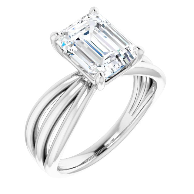 10K White Gold Customizable Emerald/Radiant Cut Solitaire Design with Wide, Ribboned Split-band