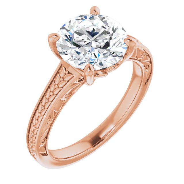 14K Rose Gold Customizable Round Cut Solitaire with Organic Textured Band and Decorative Prong Basket