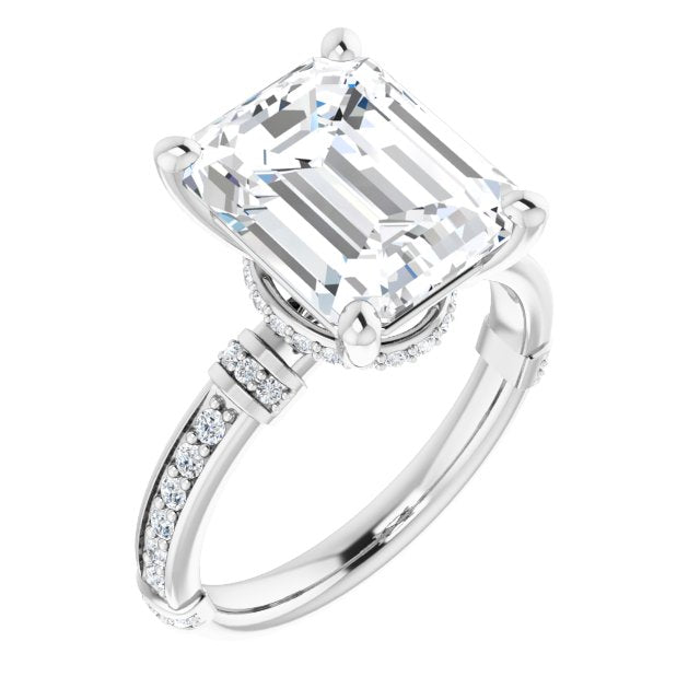 10K White Gold Customizable Emerald/Radiant Cut Style featuring Under-Halo, Shared Prong and Quad Horizontal Band Accents