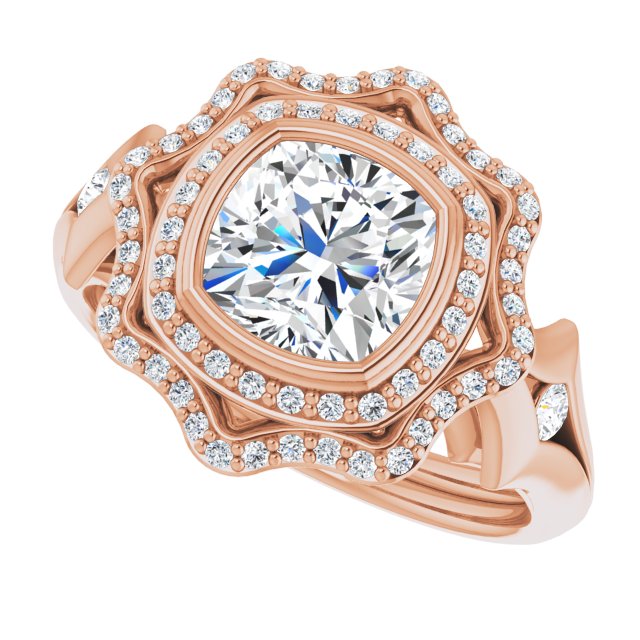 Cubic Zirconia Engagement Ring- The Cyra (Customizable Cathedral-bezel Cushion Cut Design with Floral Double Halo and Channel-Accented Split Band)