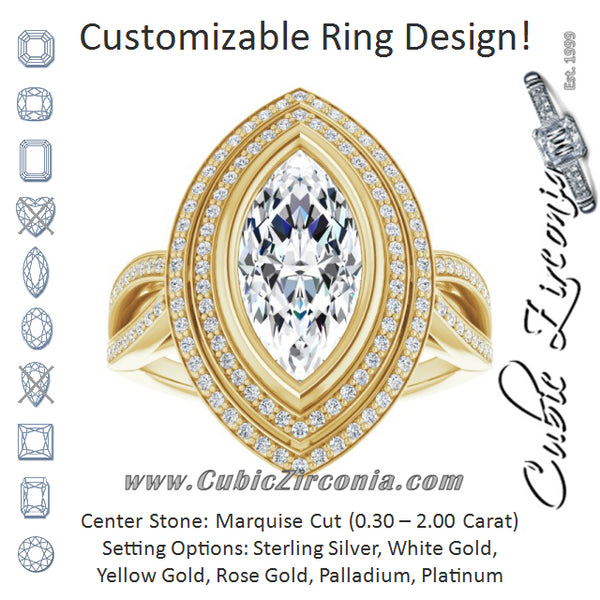Cubic Zirconia Engagement Ring- The Eliana (Customizable Bezel-set Marquise Cut Style with Double Halo and Split Shared Prong Band)