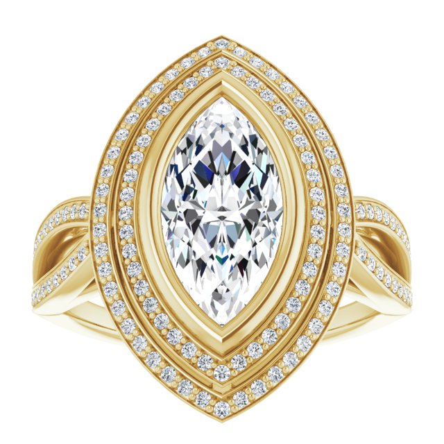 Cubic Zirconia Engagement Ring- The Eliana (Customizable Bezel-set Marquise Cut Style with Double Halo and Split Shared Prong Band)