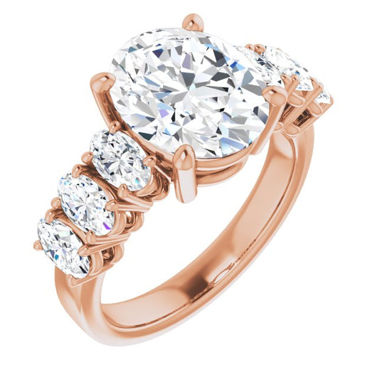 10K Rose Gold Customizable 7-stone Oval Cut Design with Large Round-Prong Side Stones