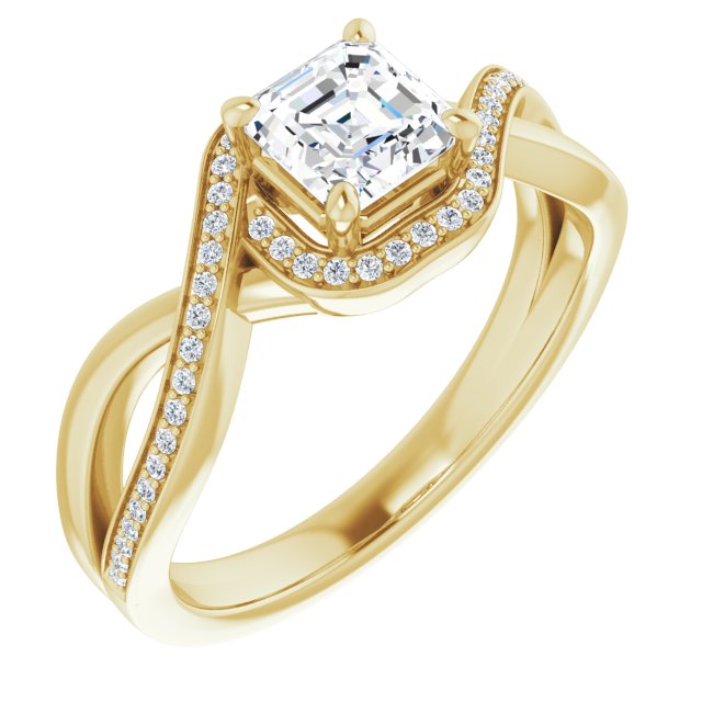 10K Yellow Gold Customizable Bypass-Halo-Accented Asscher Cut Center with Twisting Split Shared Prong Band
