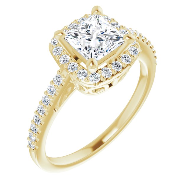 10K Yellow Gold Customizable Cathedral-Crown Princess/Square Cut Design with Halo and Accented Band