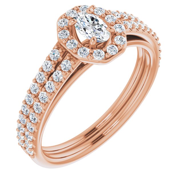 10K Rose Gold Customizable Cathedral Oval Cut Design with Geometric Halo & Split Pavé Band