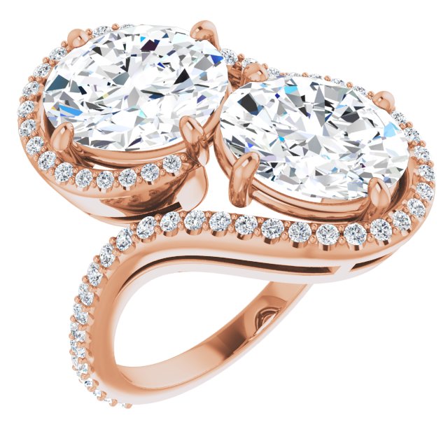 18K Rose Gold Customizable Double Oval Cut 2-Stone Style Enhanced with Accented Artisan Bypass Band