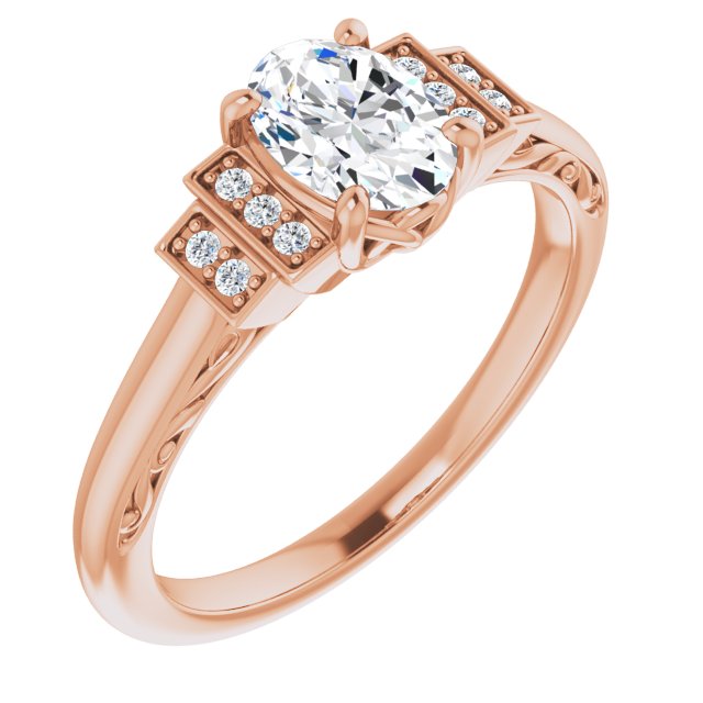 10K Rose Gold Customizable Engraved Design with Oval Cut Center and Perpendicular Band Accents