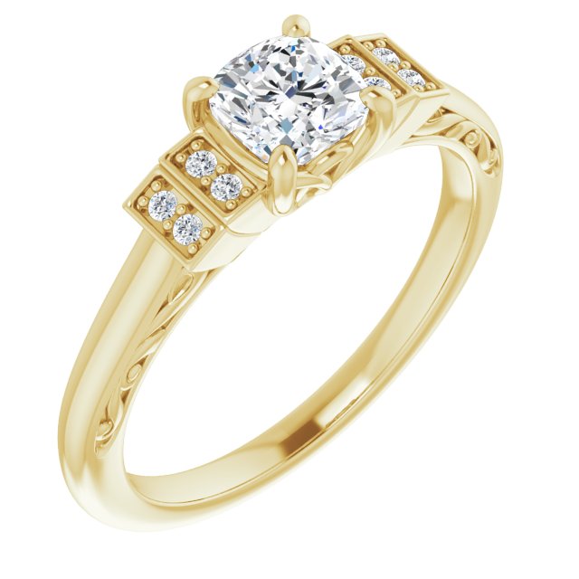 10K Yellow Gold Customizable Engraved Design with Cushion Cut Center and Perpendicular Band Accents