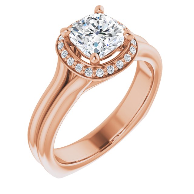 10K Rose Gold Customizable Cushion Cut Style with Halo, Wide Split Band and Euro Shank