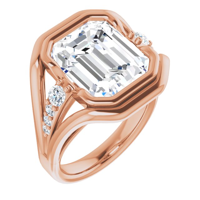 10K Rose Gold Customizable 9-stone Emerald/Radiant Cut Design with Bezel Center, Wide Band and Round Prong Side Stones