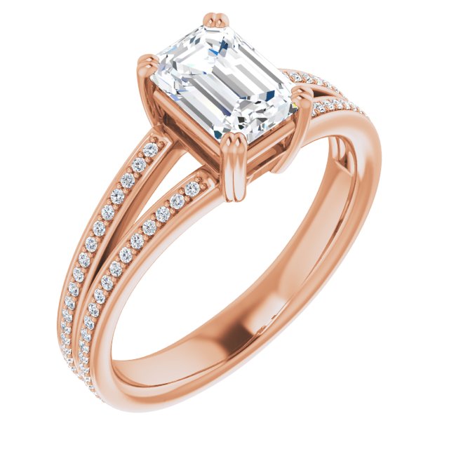 10K Rose Gold Customizable Emerald/Radiant Cut Center with 100-stone* "Waterfall" Pavé Split Band