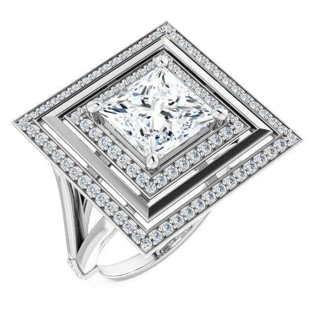10K White Gold Customizable Princess/Square Cut Oversized 2x Halo Style with Knuckle Accented Split Band