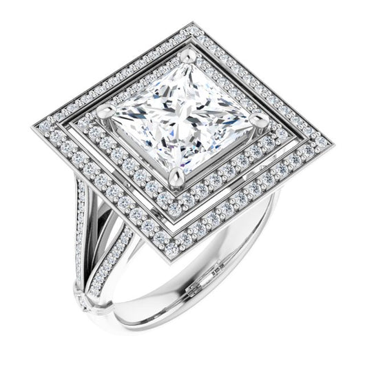 10K White Gold Customizable Cathedral-set Princess/Square Cut Design with Double Halo, Wide Split-Shared Prong Band and Side Knuckle Accents